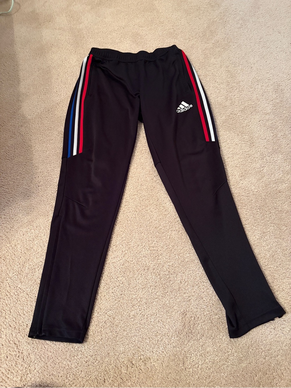 adidas Kids Black Joggers with Red, Blue & White Side Stripes